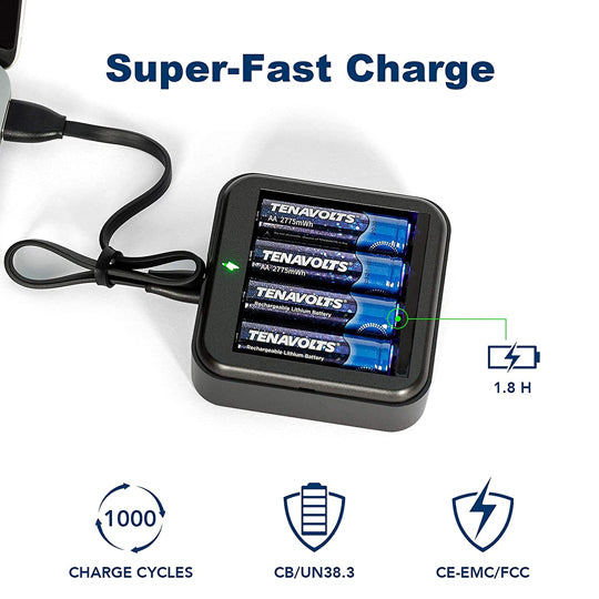 TENAVOLTS Lithium Rechargeable AA Battery, 4 Count with charger