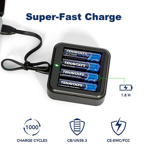 TENAVOLTS Lithium Rechargeable AA Battery, 4 Count with charger