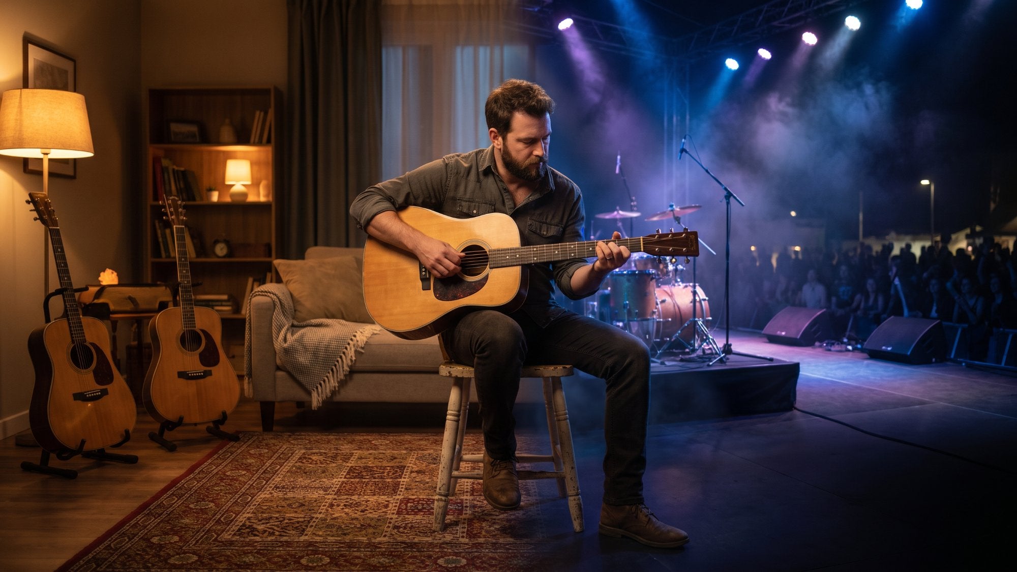A guitarist playing seated, half in a warm living room and half on a lit concert stage