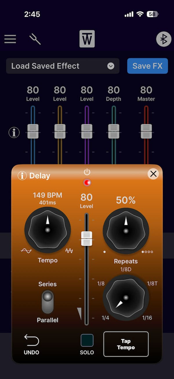 ToneWoodAmp2 app — Delay controls