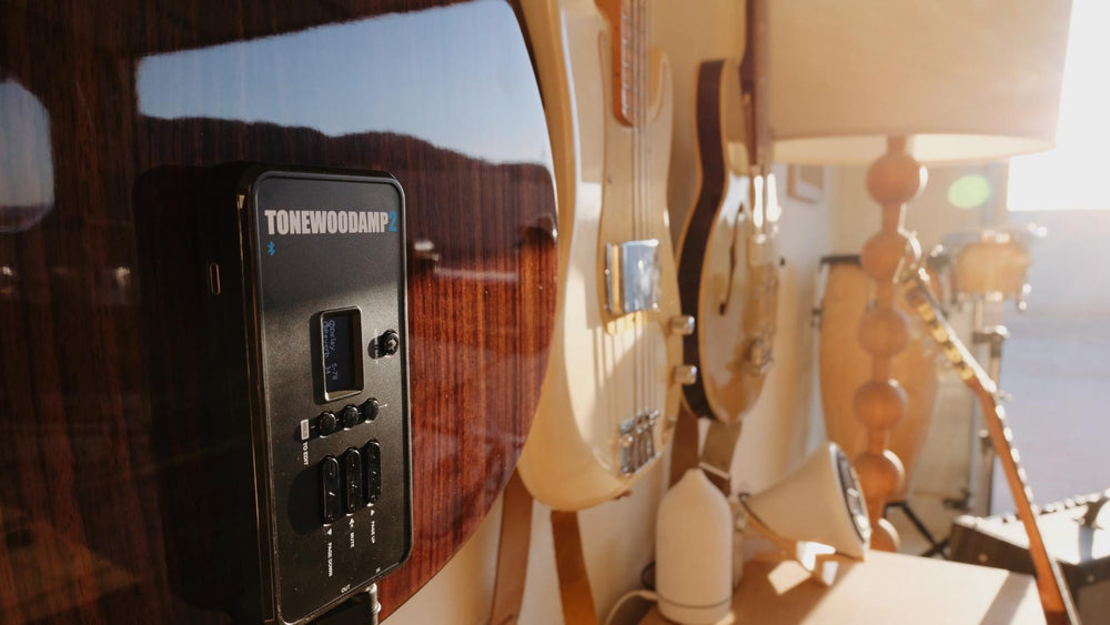 Close-up of a ToneWoodAmp2 mounted on a guitar with other guitars in the background